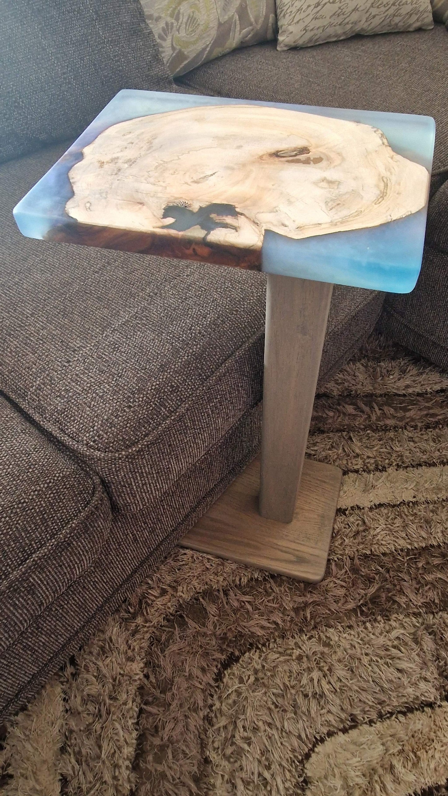 Handmade oak wooden couch table with epoxy, 30cm x 20cm, elegant and durable design.
