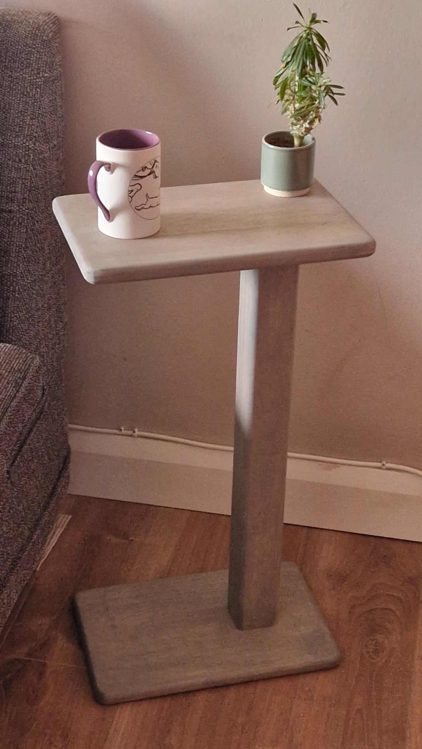 Handmade oak wooden couch table with a grey finish, 35cm x 21cm, featuring a sleek C-shape design suitable for modern interiors.
