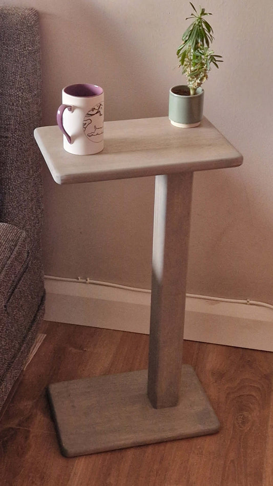 Handmade oak wooden couch table with a grey finish, 35cm x 21cm, featuring a sleek C-shape design suitable for modern interiors.