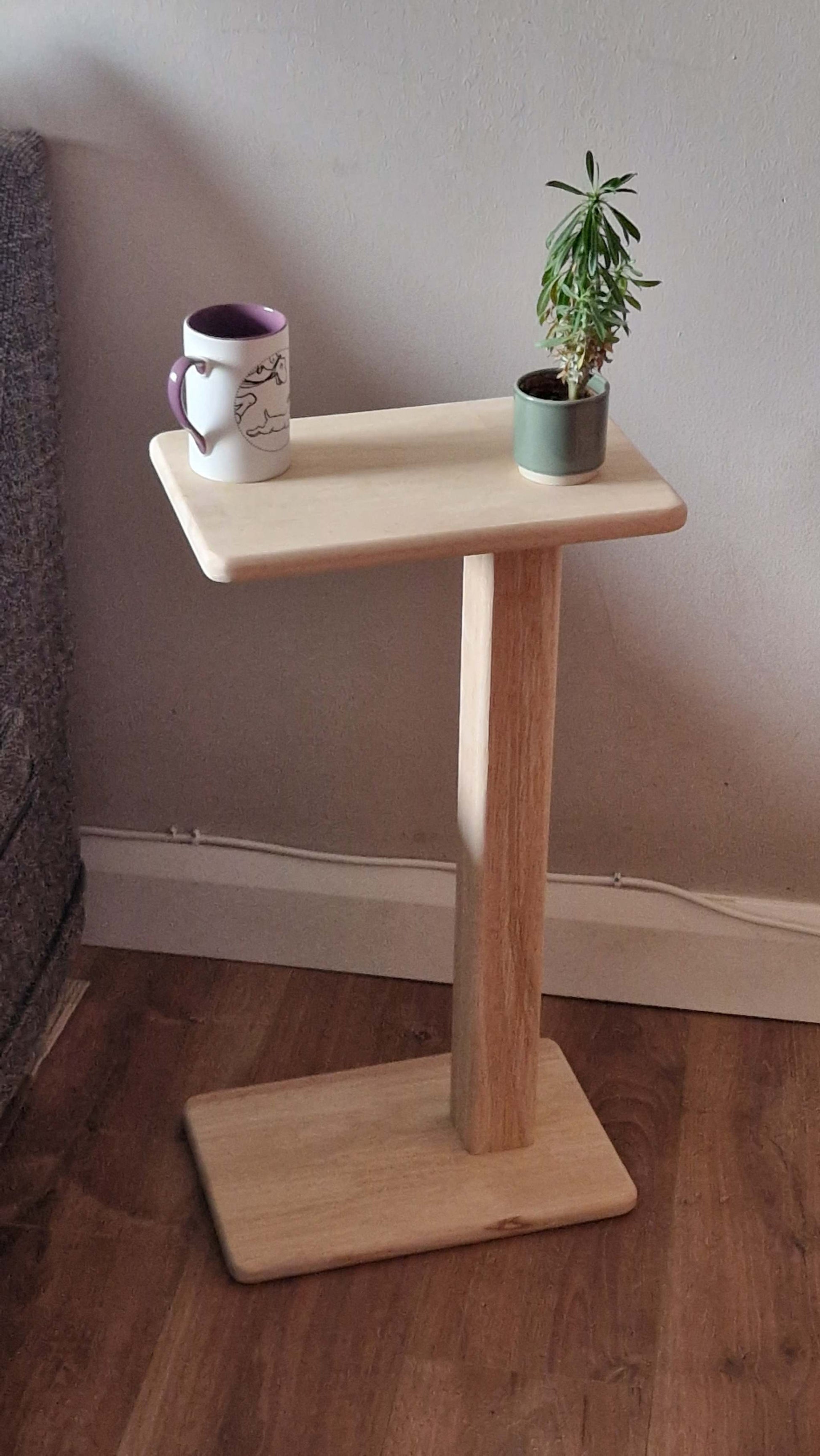 Handmade oak wooden C-table with sleek design, perfect as couch table, side table, or laptop stand.