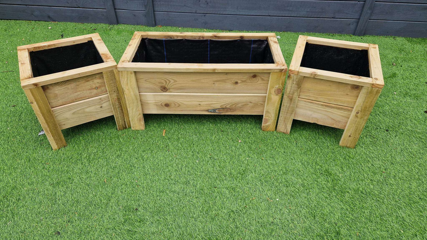 Handcrafted Wooden Planter Set with 1 large and 2 matching medium planters on green grass background.