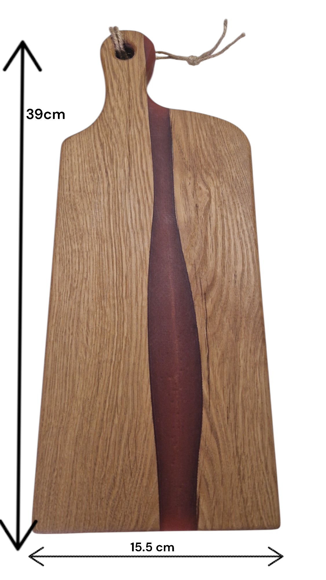 Handmade oak charcuterie board with red epoxy accent, food-safe and durable, size 39x15.5x2cm.