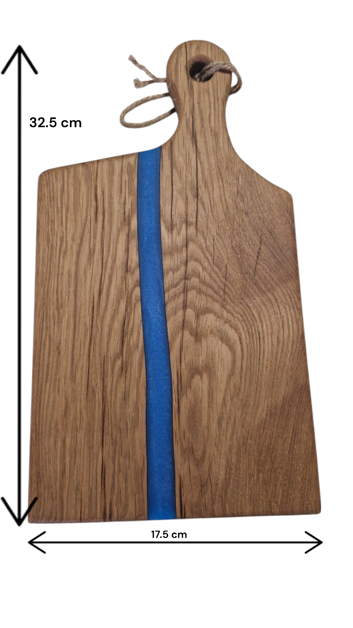 Handmade oak charcuterie board with blue epoxy design, 32.5cm by 17.5cm, includes beeswax finish.