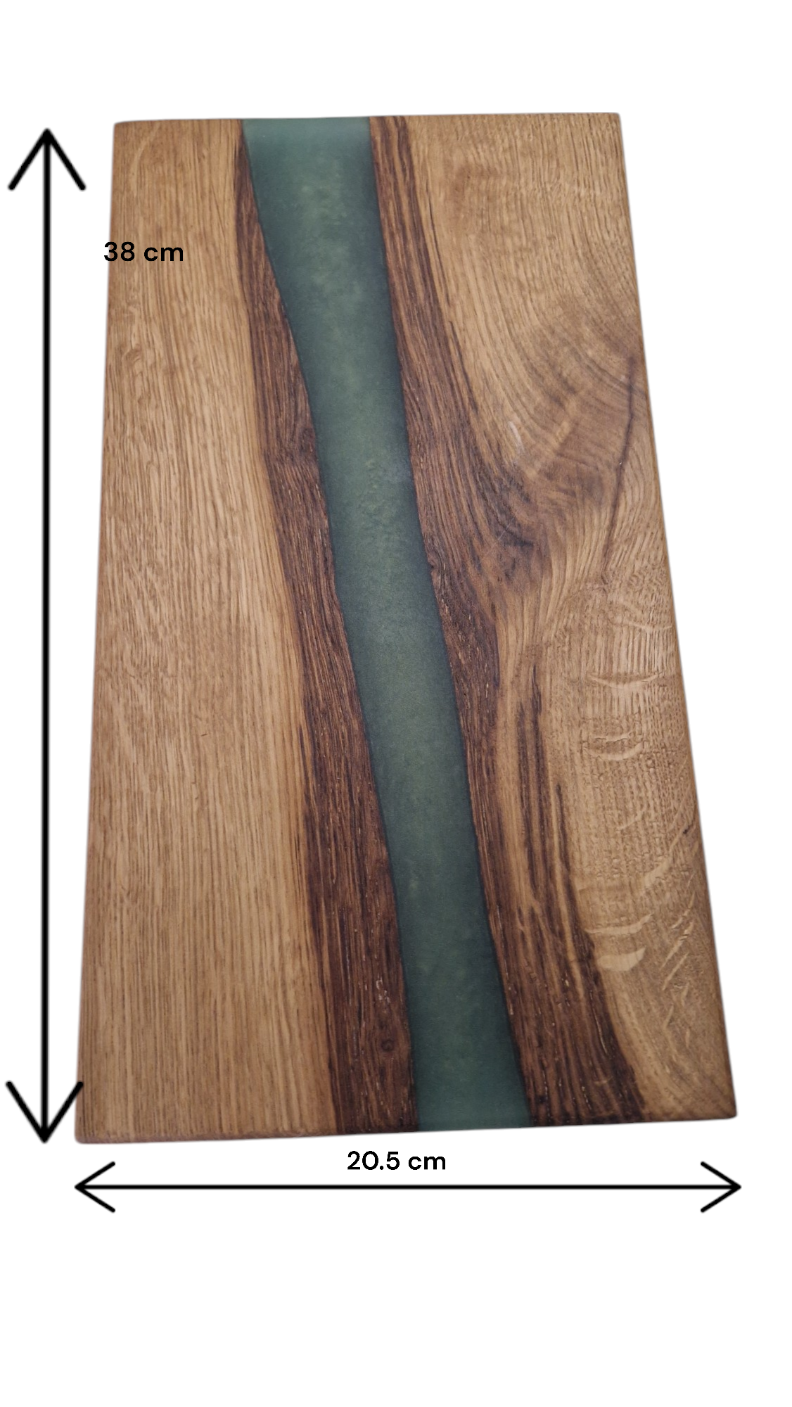 Handmade charcuterie board made of oak with green epoxy detailing.