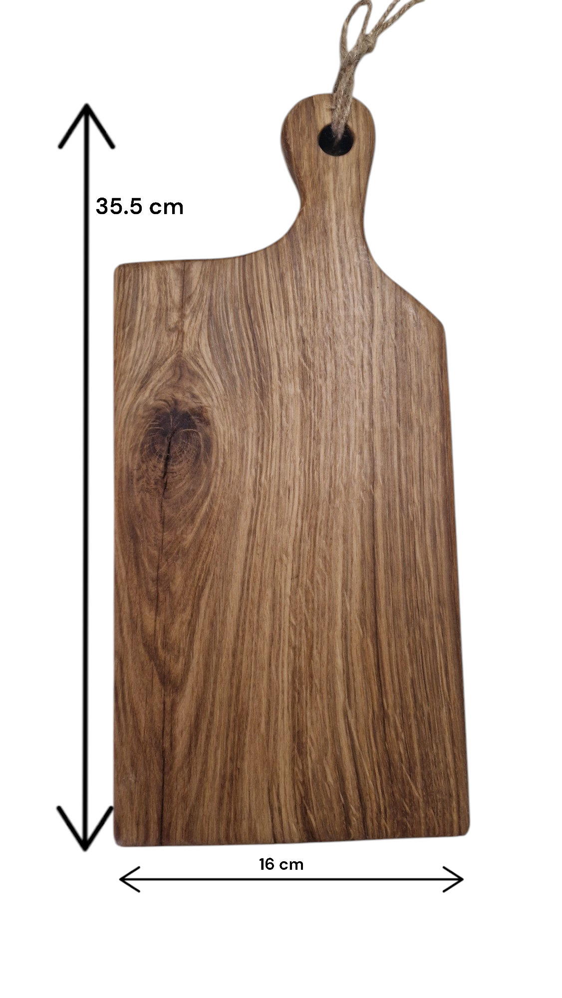 Handmade oak charcuterie board, 35.5cm x 16cm, with ergonomic handle.