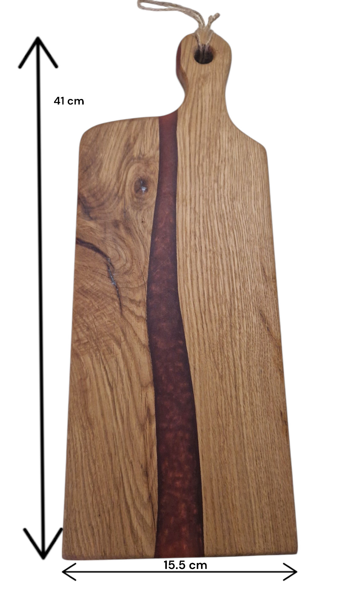 Handmade charcuterie board with red epoxy accent, oak wood, 39x15.5cm.