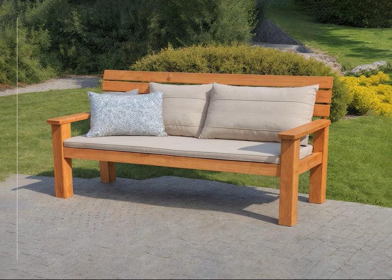 3-Seater Garden Bench with natural wood finish, perfect for outdoor use and seating three adults comfortably.