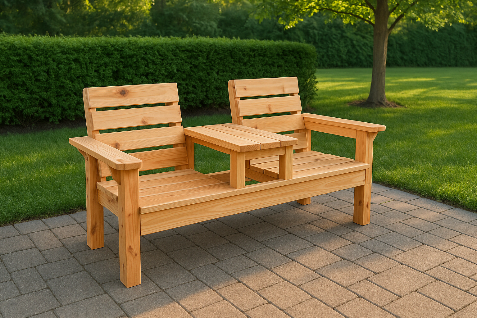 Jack and Jill Garden Bench on patio; two connected seats with central table.