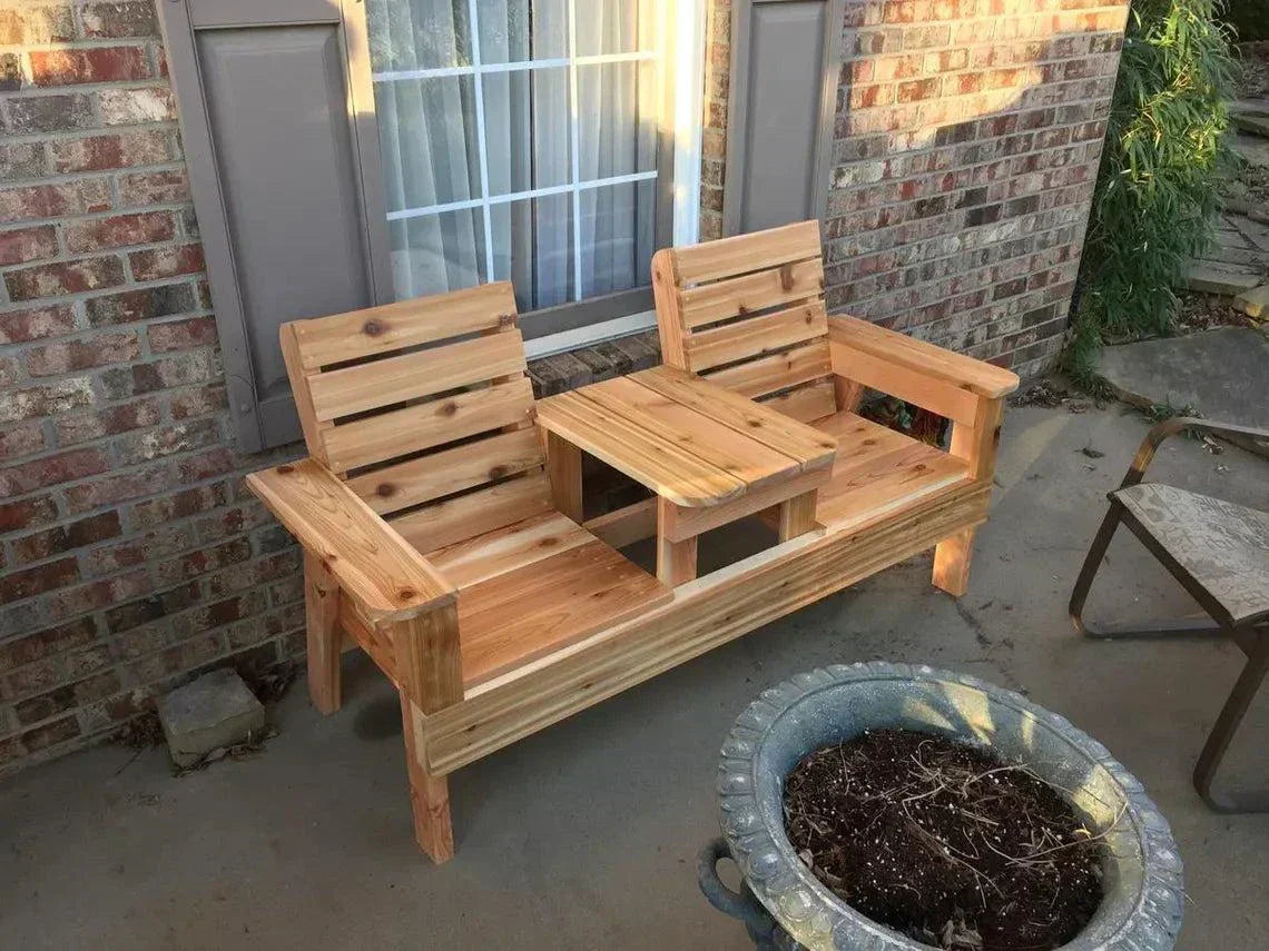 Jack and Jill Garden Bench on patio; two connected seats with central table.